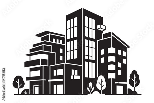 Modern apartment buildings with trees vector illustration in black silhouette