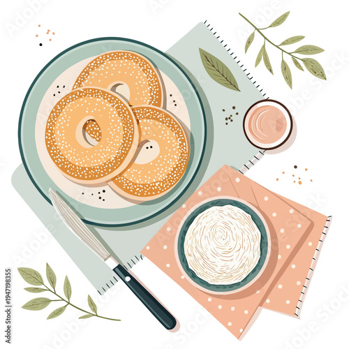 Flat lay illustration of three sesame bagels on a plate with a bowl of cream cheese and a knife, perfect for a fresh and delicious breakfast
