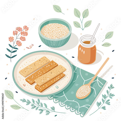 Sweet sesame crackers with honey served on a plate with surrounding fresh herbs and botanicals