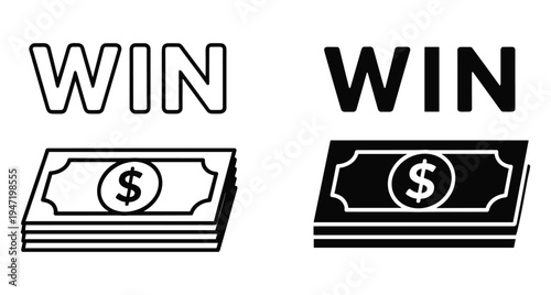 Win money icon set featuring stacks of dollar bills in outline and solid styles for business success and gambling