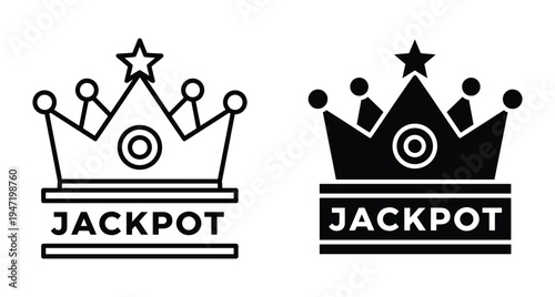 Jackpot crown icon set with star and text in outline and solid black silhouette styles for casino gambling games