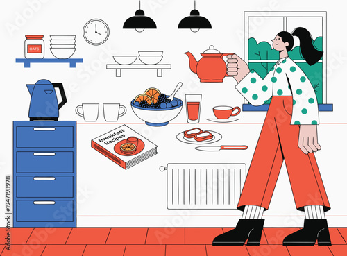 Woman Pouring Tea in Cozy Kitchen Breakfast Scene Illustration