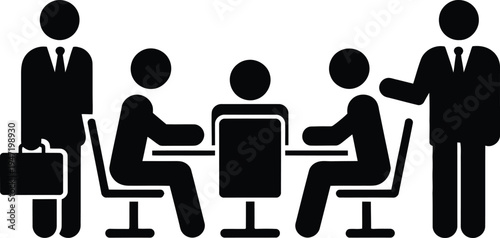 Business meeting with professionals discussing around laptops and a briefcase