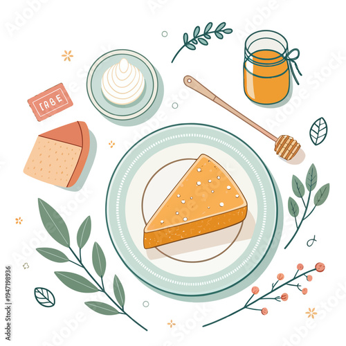 A delicious slice of cake with honey and floral decorations, perfect for a sweet treat