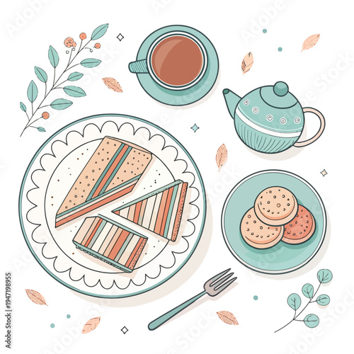 Charming top-down illustration capturing a delightful afternoon tea experience with beautifully served cake slices, freshly baked cookies, a comforting cup of hot tea, and an elegant teapot