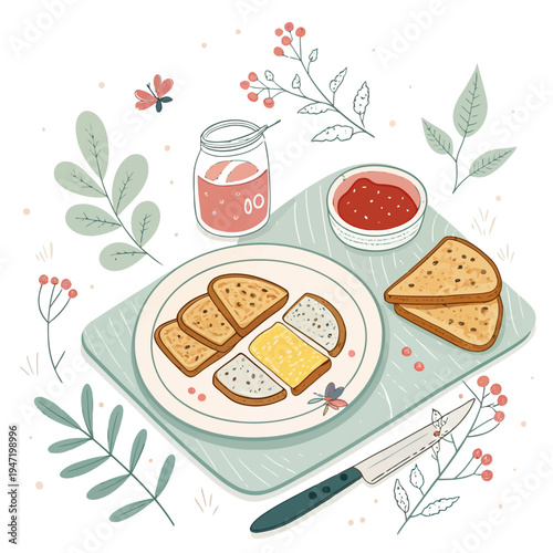 Cozy morning breakfast illustration with golden toasted bread, sweet berry jam, and fresh butter, elegantly presented amidst charming botanical elements