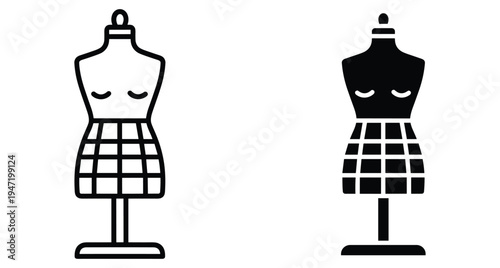 Tailor mannequin icon set featuring outline and solid silhouette styles for fashion design dressmaking sewing and apparel retail display