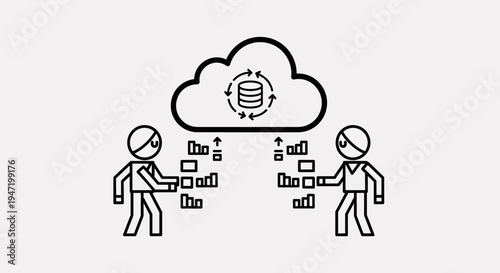 Two stick figures exchanging data from a cloud storage