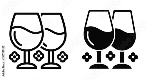 Two wine glasses with liquid and flower icons in outline and solid black silhouette styles for celebration and party events