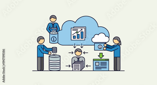 Flat design people working with cloud computing and data storage
