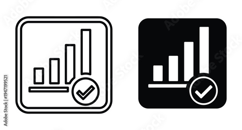 Bar chart icon set with checkmark symbol representing successful data analysis business growth progress statistics verification and financial report