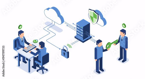 Businessmen exchanging money with server and cloud storage