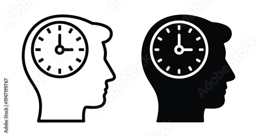 Human head profile silhouette with clock icon inside brain representing time management mental health punctuality schedule deadline and psychology