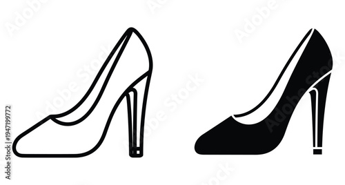 High heel shoe icons set featuring outline and solid black silhouette styles for fashion design and retail web graphics