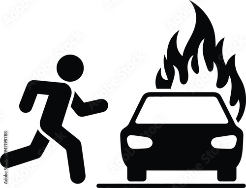 Person running away from a burning car in an emergency situation