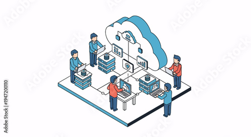 Isometric illustration of cloud computing technology with people working on laptops and servers connected to a cloud
