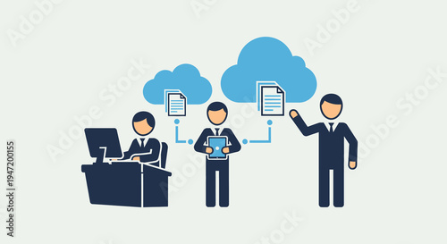 Business people collaborating and sharing data via cloud computing technology, illustration