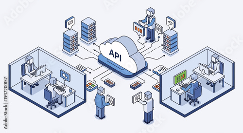 Modern API Integration and Cloud Computing Concept. Isometric illustration showing data exchange, software development, and networked business operations.