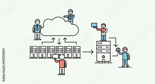 Cloud computing infrastructure with people managing data flow, servers, and network connections. Modern IT administration and digital transformation concept.