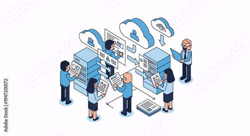 Isometric illustration of a team collaborating on cloud data management, network administration, and digital information processing in a modern tech environment.