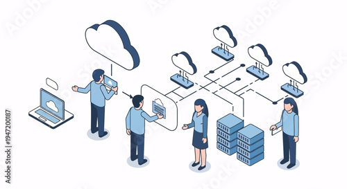 Collaborative team managing cloud computing infrastructure, data storage, and network security. Isometric illustration depicting IT services, digital solutions, and technology management.