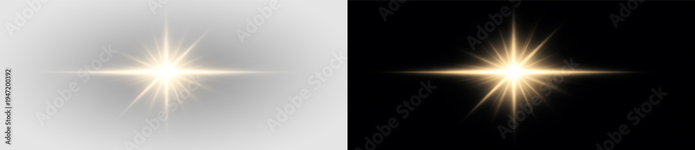 Fototapeta premium Bright golden starburst glow flare light rays effect png overlay element, on transparent background