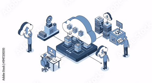 Cloud computing isometric illustration with people interacting with servers, data, and technology for digital business solutions.