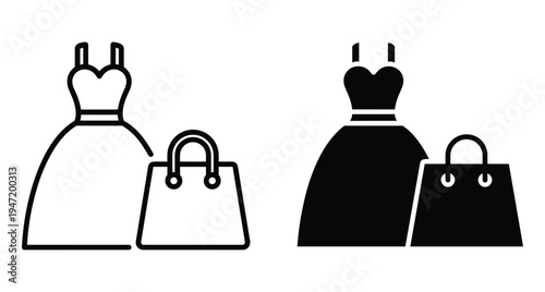 Fashion dress and shopping bag icons in outline and solid styles for retail boutique clothing store and online commerce