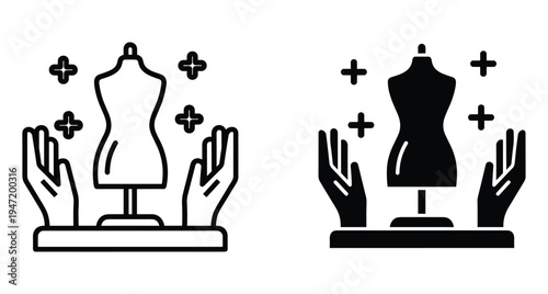 Tailoring mannequin icon with hands and sparkles representing fashion design and dressmaking craft for creative sewing projects and apparel