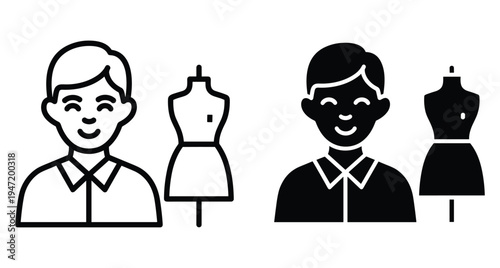 Tailor and mannequin icon set representing fashion design dressmaking garment industry professional sewing service clothing manufacturing craft workshop apparel