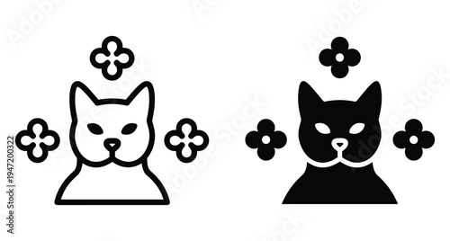 Cat head icon set with floral elements in outline and solid black style for pet shop branding and design