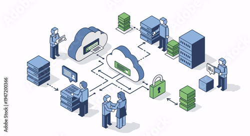 Cloud computing network infrastructure with data servers, people, and security lock icons, isometric illustration