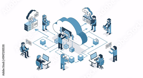Isometric illustration of people working with cloud computing technology, data storage, network infrastructure, and digital information management.