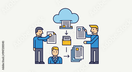 Cloud-based data management and document exchange illustration. Business professionals collaborate on digital information flow, streamlining workflow processes.