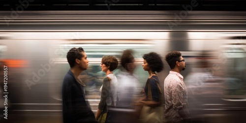 Mixed male female african caucasian asian adult commuters in subway motion blur walking along platform during urban rush