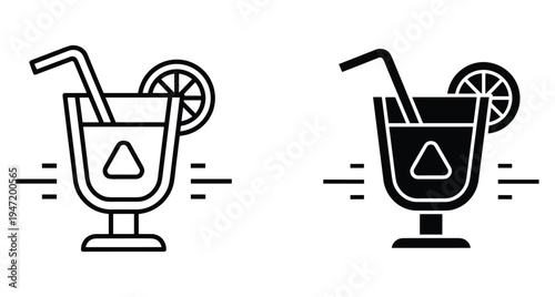 Cocktail glass icon set with straw and lemon slice in outline and solid black style for bar menu design