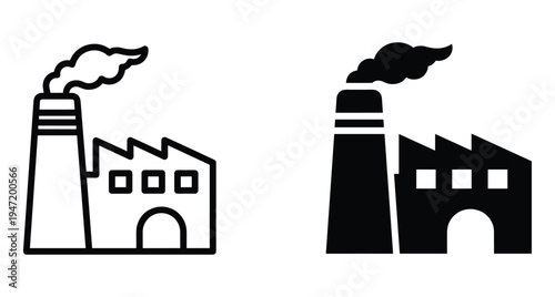 Factory building icon set with chimney smoke representing industrial manufacturing plant production facility power station and environmental pollution symbol