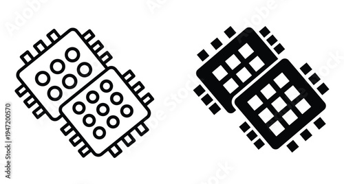 computer chip processor icon set featuring line and solid styles for hardware technology electronic circuit board and digital component design