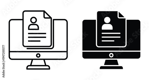 Online job application icon set featuring computer monitor with digital resume document for recruitment hiring and professional career profile