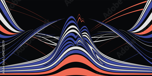 Abstract background with flowing lines and wavy stripes in blue, white, and coral colors on a black canvas, dynamic motion.