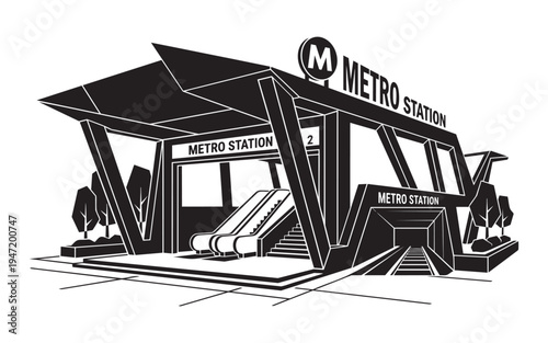 Modern metro station entrance vector illustration, subway public transport hub