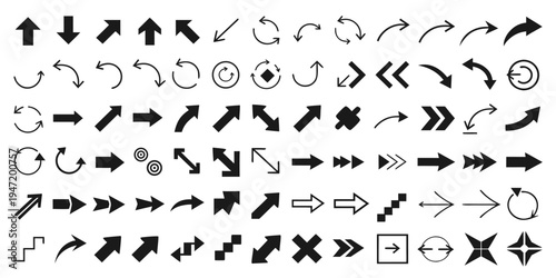 Set of black arrow icons and pointers in various shapes and directions including curved straight thick thin and circular navigation signs for interface design and web