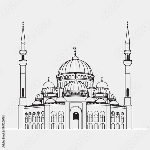 Minimal Mosque Icon with Dome and Minaret Black and White Line Art Vector