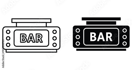 Bar sign icon set with outline and solid black versions for nightlife pub club lounge restaurant signage and branding