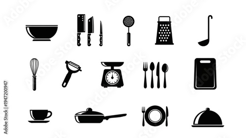 Kitchen and Dining Black Silhouette Filled Icon Set – Bowl Knife Cutting Board Whisk Ladle Plate Glassware Utensil Icons