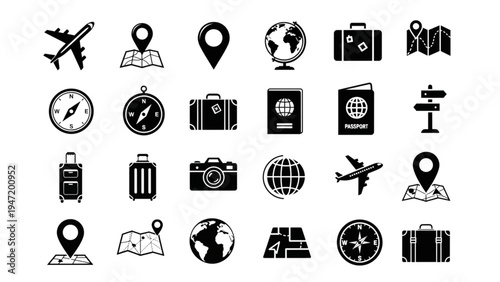 Travel and Navigation Black Silhouette Icon Set – Airplane Map Pin Globe Passport Camera Tourism Icons