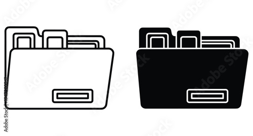 Folder icon set for document storage and file organization in office management systems with outline and solid black styles