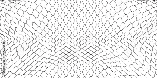 Fishing or soccer net. Repeated hexagon pattern. Black wired mesh texture isolated on white background. Metallic or fabric fence, cage or lattice structure. Vector graphic Illustration.