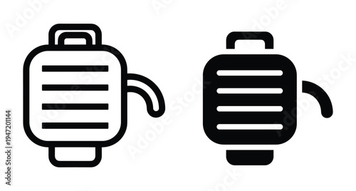Portable electric power generator icon set with outline and solid versions for energy supply backup and outdoor camping equipment