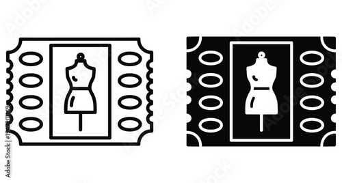 Fashion show ticket icon set featuring a mannequin dress form for clothing exhibitions apparel events and tailor shop entries